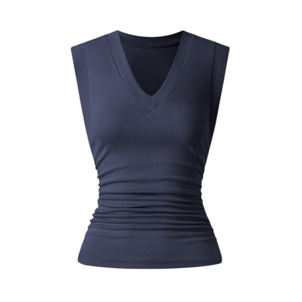 OGL NWT Stretch Cotton V-Neck Side Ruched Muscle Built-In Bra Top Navy Size M